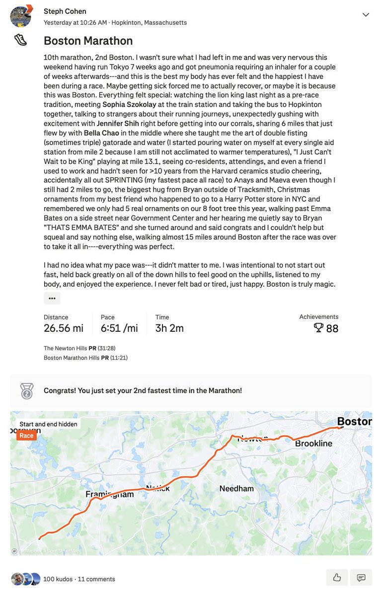 StephCohenMD's tweet image. 7 weeks between Tokyo and Boston
(as someone entirely self-coached who runs by feel and isn't an expert in anything):
-2 weeks sick, SOB at rest
-60 mile week, 17 mile LR
-75 mile week, 20 mile LR (A LOT of moonlighting)
-63 mile week, 22 mile LR
-2 week Taper