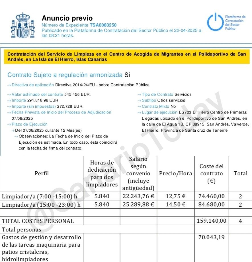 🕵🏻 #ElHierro | Anuncio para la contratación pública del servicio de limpieza en el centro de inmigrantes ilegales de San Andrés.

➡️ 545.456€