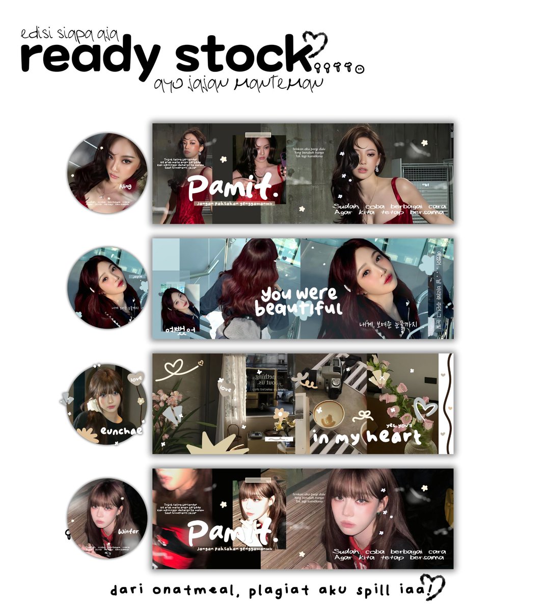 onatmeal's tweet image. retweet are appreciated!!

hallo semuaaa ak membawa 16 rs alias ready stock layout ningning, wonyoung, joy, eunchae, dan winter yang bisa di take jam 19.15 yaa! (maaf soalnya aku mau siap2 pulang) kalau mau bisa dm sesuai yg di mau, makaci!

#zonauang