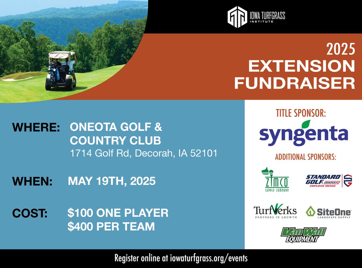 Join us May 19th at Oneota Golf &amp; Country Club for this year's Extension Fundraiser! Have some fun while helping out a great cause! Sign up today at iowaturfgrass.org/events

<a href="/iowalawncare/">IPLCA</a> <a href="/iowa_stma/">Iowa SFMA</a> <a href="/GcsaIowa/">IowaGCSA</a>