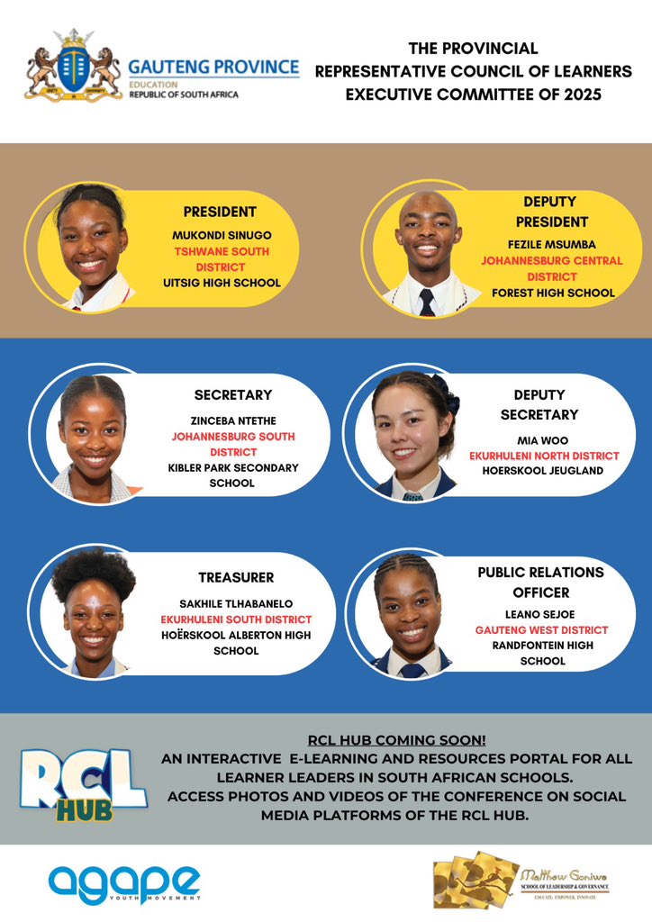Introducing the Gauteng Provincial Representative Council of Learners (RCL) Executive Committee for 2025! These inspiring young leaders are ready to amplify learner voices and shape the future of education in Gauteng.

#RCL2025 #LearnerLeadership #EducationEmpowerment #GautengRCL