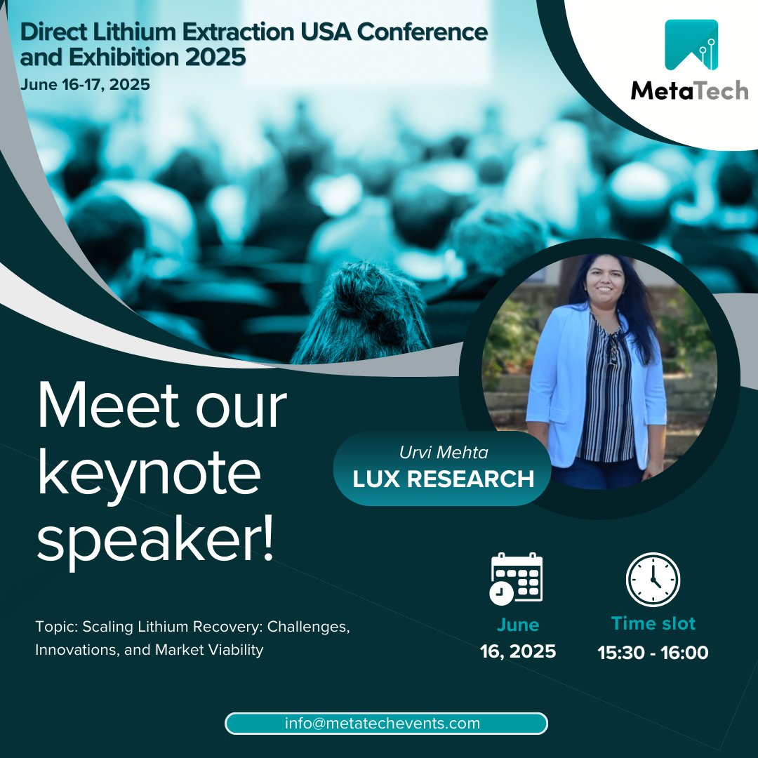 Excited to have Urvi Mehta from <a href="/LuxResearch/">Lux Research</a> speaking at #DLE2025!
With deep expertise in battery innovation &amp; recycling, she’s shaping the future of energy storage.
🗓 June 16–17 | 📍 Houston
🎟 Register: directlithiumextractionusa.com/delegate_packa…
#womeninenergy #CleanEnergy #Lithium #ev