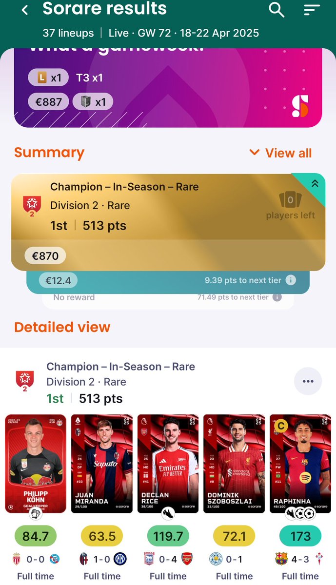 VICTORY!!!
Finally my first victory on <a href="/Sorare/">Sorare</a> in Champion Div.2 Rare!!!

<a href="/Abramdaniel2024/">Abram Daniel</a> <a href="/ni2las/">Nicolas Julia</a> <a href="/LamellaBros/">Lamella Bros</a> <a href="/Pasquale_paki07/">mondo di un Pasquale</a>