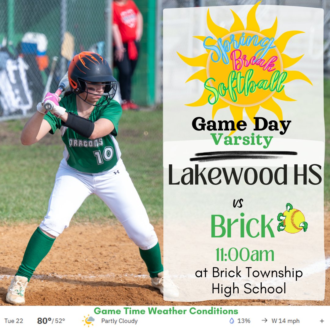 FansBrickSoftba's tweet photo. #GameDay for @Brick_Softball 🐉🥎 as they host Lakewood HS.
⏰11am
📍Brick Township High School
#SpringBreakSoftball #SpringBreak #highschoolsports #softball @BTHS_SPORTS @Brick_K12 @BTHSDragons https://t.co/lUBH6TyQan