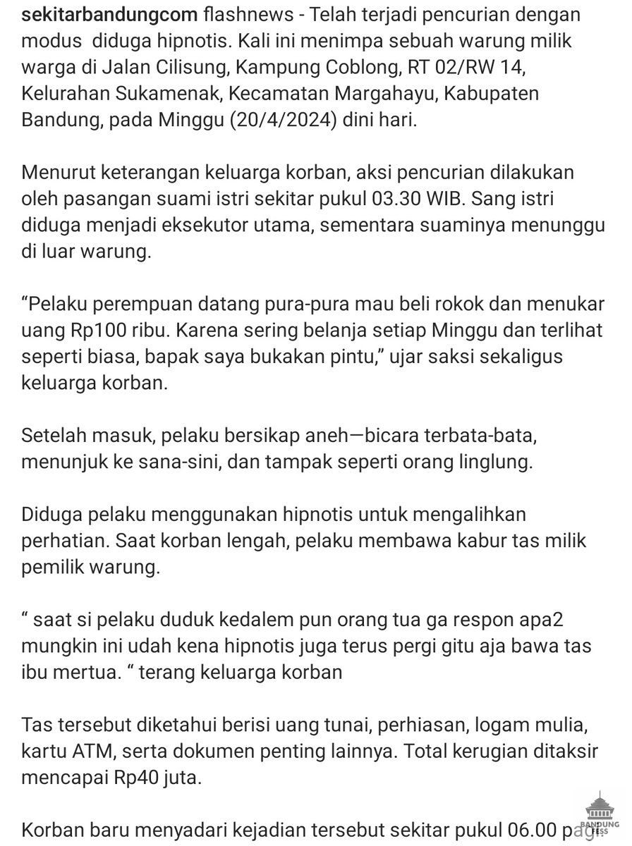 HATI-HATI euy warga Bandung dan sekitarnya, modus pencurian (diduga) dengan dihipnotis aya deui wae

Sc. Sekitarbandungcom