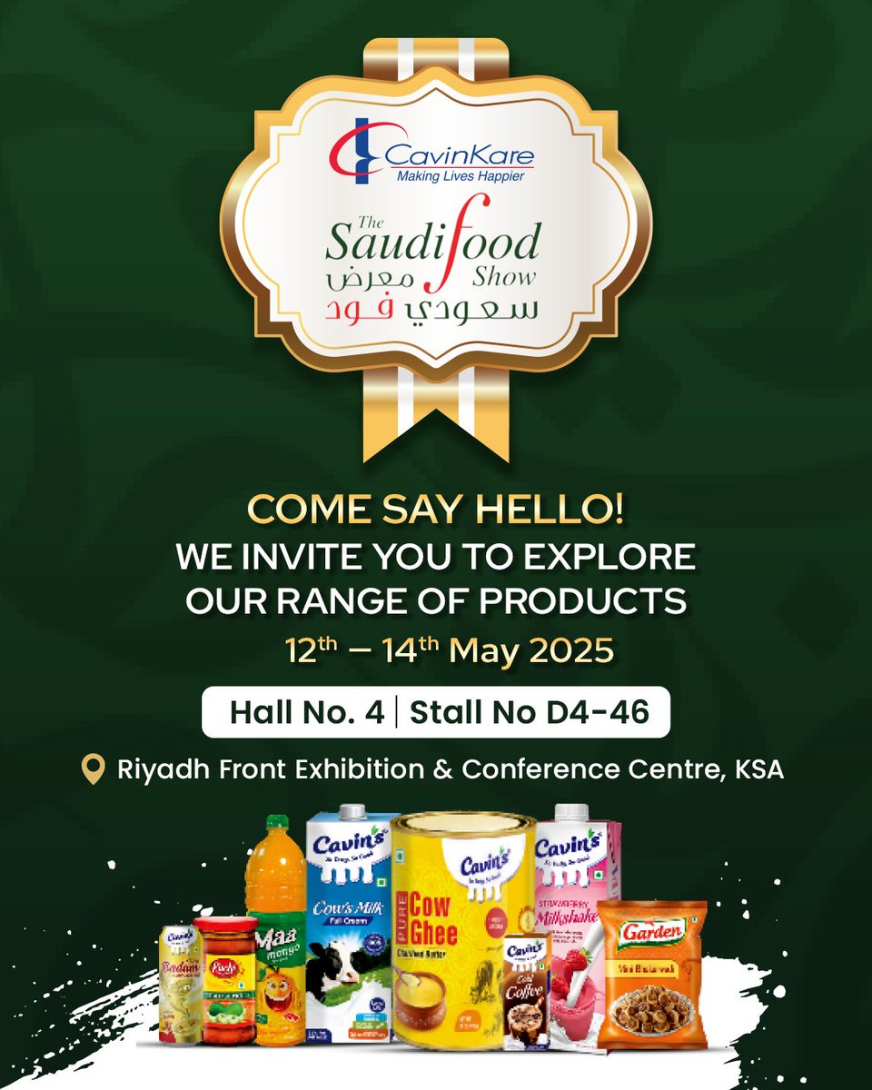We’re heading to #SaudiFoods2025! 🇮🇳➡🇸🇦

Join us from May 12–14 at Riyadh Front (Hall 4, Stall D4-46) as we showcase Cavin’s, Ruchi, Maa, Garden &amp; more.

Let’s connect, collaborate &amp; grow together!

#CavinKare #TasteOfIndia #IndiaToTheWorld