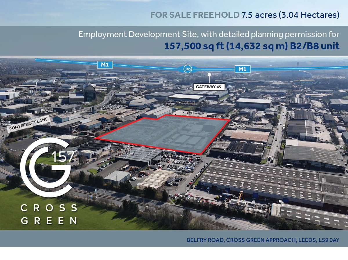 New freehold development opportunity on Cross Green Industrial Estate, less than two miles from Leeds city centre and the M1. The 7.5 acre site has detailed planning permission for the development of a B2/B8 industrial/logistics unit of 157,500 sq ft. Call us now for details.