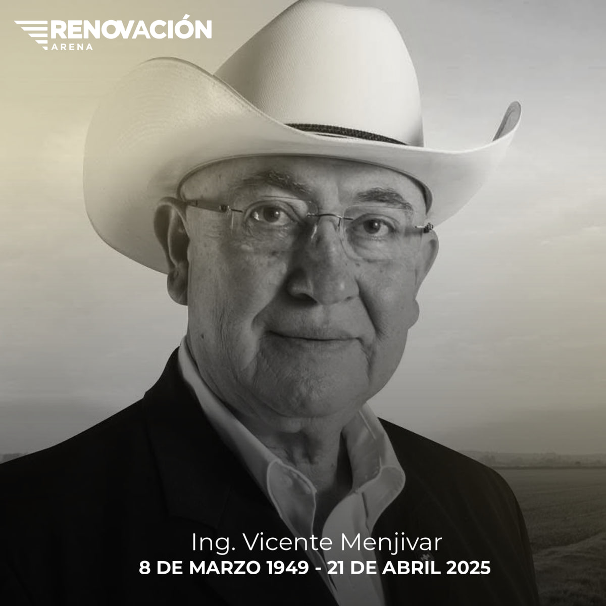 Con profundo pesar, la #RenovaciónARENA lamenta el fallecimiento del Ing. Vicente Menjívar, exdiputado por el departamento de La Libertad.

Despedimos a una persona ejemplar, cuya entrega y vocación de servicio permanecerán en nuestra memoria. Nos solidarizamos con su familia y