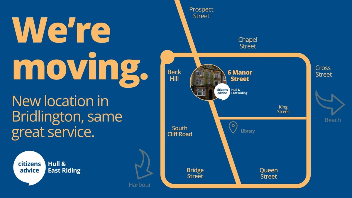We are moving to a new office in Bridlington!

🗓️ From Tuesday 29 April 2025 - new location, same great service.

📌 6 Manor Street, Bridlington, YO15 2RU (bit.ly/newbridoffice)

Find more about our new Bridlington office: hullandeastridingcab.org.uk/new-office