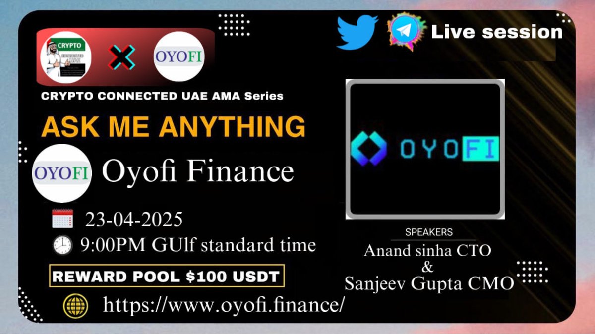Crypto Connected UAE (Spaces+AMA) (@cconnecteduae) on Twitter photo We're thrilled to invite our special guests Anand sinha CTO & Sanjeev Gupta CMO is upcoming TG AMA with <a href="/oyofifinance/">Oyofi Finance</a>
Date: wednesday 23 April 2025
Time: 9:00PM GULF TIME
Venue: t.me/Crypto_Connect…
PS:Come along with your questions,a 100$ community reward awaits 🤑 We're thrilled to invite our special guests Anand sinha CTO & Sanjeev Gupta CMO is upcoming TG AMA with <a href="/oyofifinance/">Oyofi Finance</a>
Date: wednesday 23 April 2025
Time: 9:00PM GULF TIME
Venue: t.me/Crypto_Connect…
PS:Come along with your questions,a 100$ community reward awaits 🤑