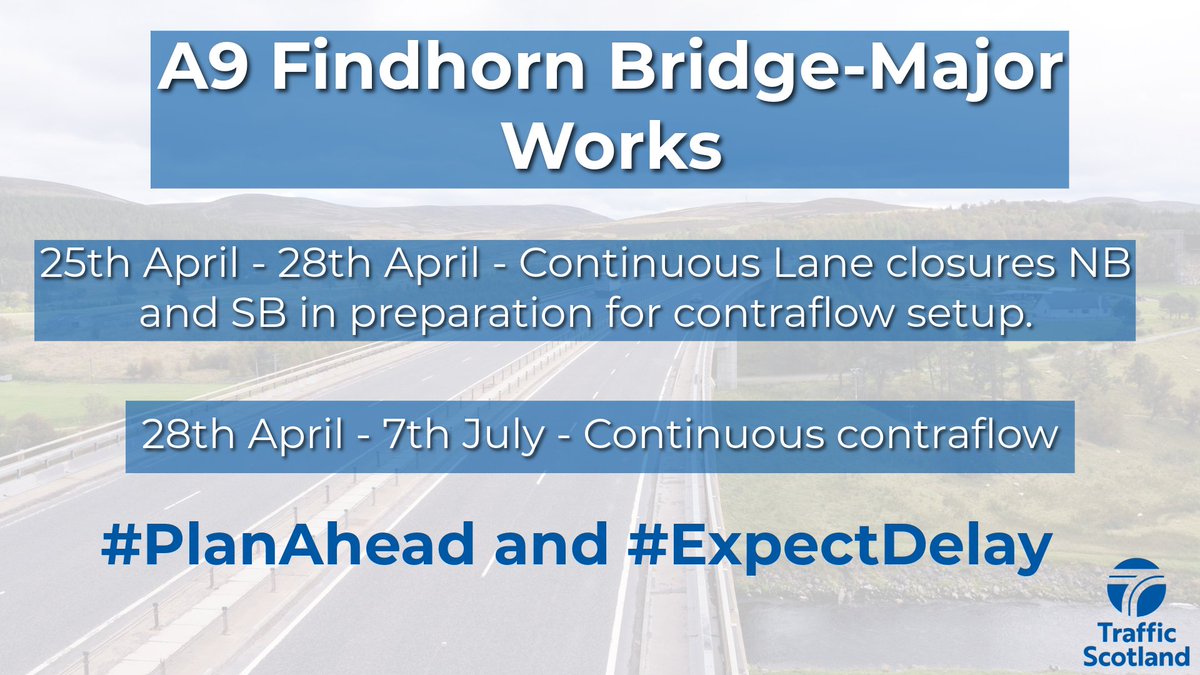 Traffic Scotland (@trafficscotland) on Twitter photo Major Works- #A9 Findhorn Bridge🚧
📅 25th-28th April- Continuous lane closures affecting both directions in preparation for contraflow setup
📅 28th April - 7th July - Continuous contraflow
#PlanAhead and #PrepareForDelay❗
bit.ly/3G9GnDA
<a href="/NWTrunkRoads/">BEAR NW Trunk Roads</a> Major Works- #A9 Findhorn Bridge🚧
📅 25th-28th April- Continuous lane closures affecting both directions in preparation for contraflow setup
📅 28th April - 7th July - Continuous contraflow
#PlanAhead and #PrepareForDelay❗
bit.ly/3G9GnDA
<a href="/NWTrunkRoads/">BEAR NW Trunk Roads</a>