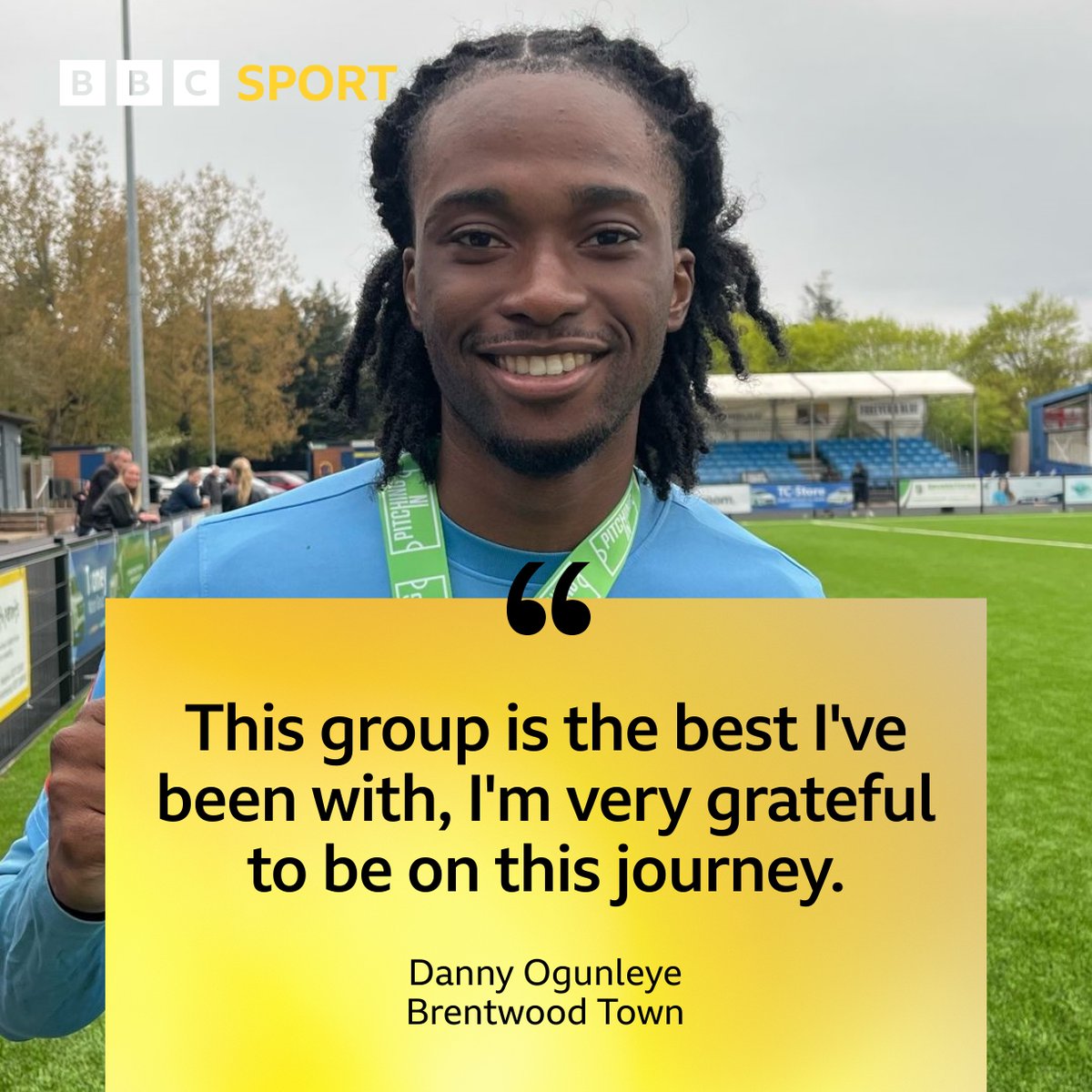 BBCEssexSport's tweet photo. ICYMI ⚽️
@BrentwoodTownFC forward Danny Ogunleye has 43 goals this season, scoring all of them in their @IsthmianLeague North title-winning 4-0 win over #BasildonUtd - with a game to add to his tally, the 23-year-old has been loving life in #Brentwood
https://t.co/9rGccUWUJr https://t.co/ECkwYXBxmc