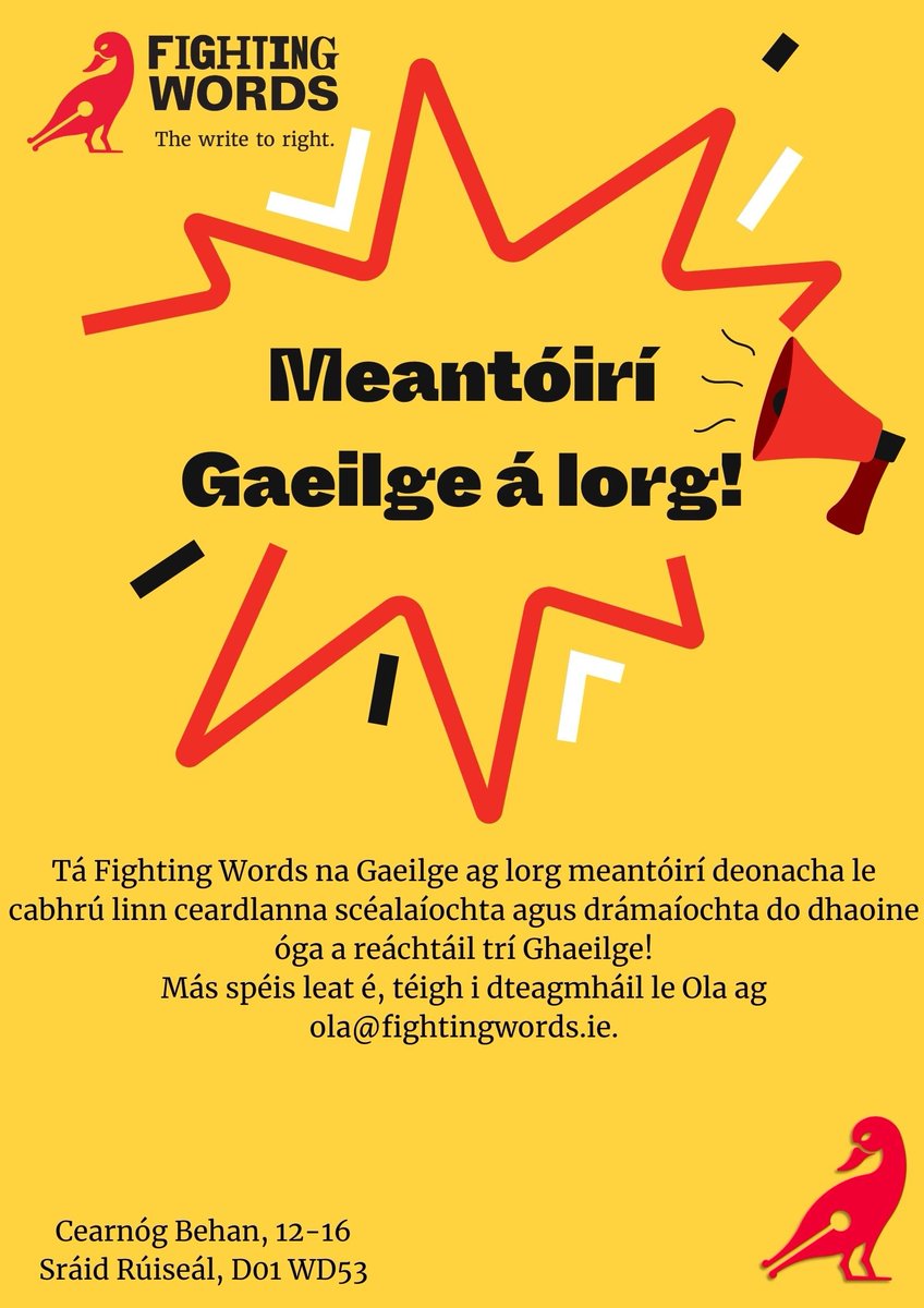 Ola Majekodunmi (@olamajekodunmi1) on Twitter photo Tá meantóirí deonacha Gaeilge fós á lorg againn ag Fighting Words le cabhrú linn ceardlanna a reáchtáil! Ní gá go mbeadh tú líofa le hobair linn, tá míle fáilte roimh foghlaimeoirí fásta freisin 🫶🏾 Má spéis leat, le do thoil bí i dteagmháil! ✨️
<a href="/FightingWordsIE/">Fighting Words</a> Tá meantóirí deonacha Gaeilge fós á lorg againn ag Fighting Words le cabhrú linn ceardlanna a reáchtáil! Ní gá go mbeadh tú líofa le hobair linn, tá míle fáilte roimh foghlaimeoirí fásta freisin 🫶🏾 Má spéis leat, le do thoil bí i dteagmháil! ✨️
<a href="/FightingWordsIE/">Fighting Words</a>