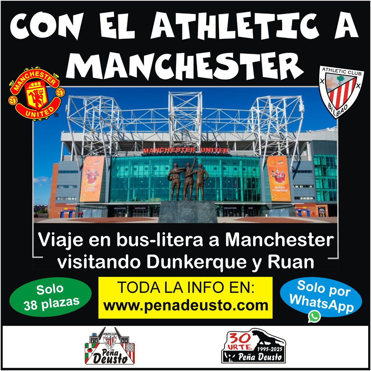 DESDE LA PEÑA DEUSTO ORGANIZAMOS UN VIAJE EN BUS-LITERA A MANCHESTER PARA ANIMAR AL ATHLETIC EN SU ENFRENTAMIENTO DE LA EUROPA LEAGUE FRENTE AL MANCHESTER UNITED.

TODA LA INFO AQUÍ:
penadeusto.com

#peñadeusto 
#athleticclub