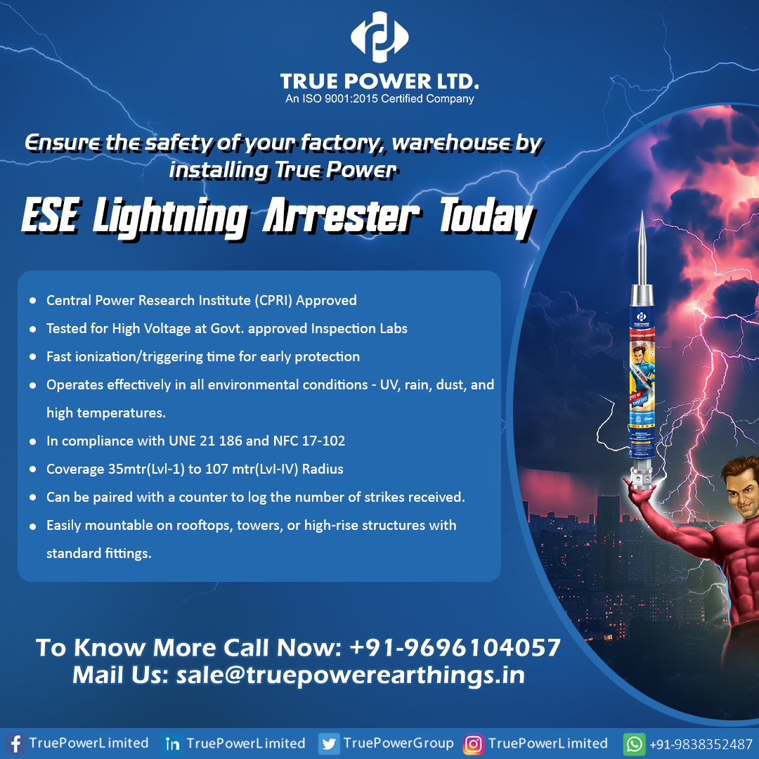 TruePowerGroup's tweet image. Ensure the safety of your factory, warehouse by installing True Power ESE Lightning Arrester Today. 

#ESELightningarrester #LightningProtectionSystem #surgeprotection #electricalsafety #ESEArrester #LightningSafety #lightningrod #chemicalearthing #TruePowerLimited