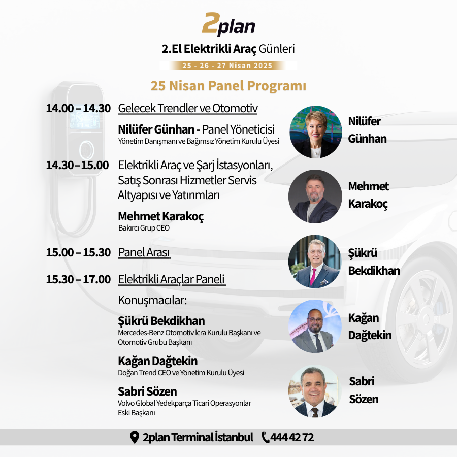 25 Nisan’da, 2. El Elektrikli Araç Günleri’nin açılış gününde sektörün önde gelen isimlerini bir araya getiren özel bir panel düzenliyoruz.

Elektrikli mobilitenin bugünü ve geleceği, ikinci el pazarındaki dönüşüm ve kullanıcı alışkanlıklarındaki değişim bu panelde ele alınacak.