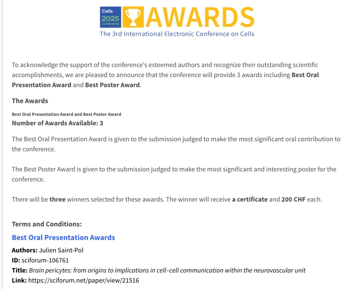 👏 Congratulations to Dr. Julien Saint-Pol winning the Best Oral Presentation at the 3rd International Electronic Conference on Cells !
A well-deserved recognition to support his research projects 🔬