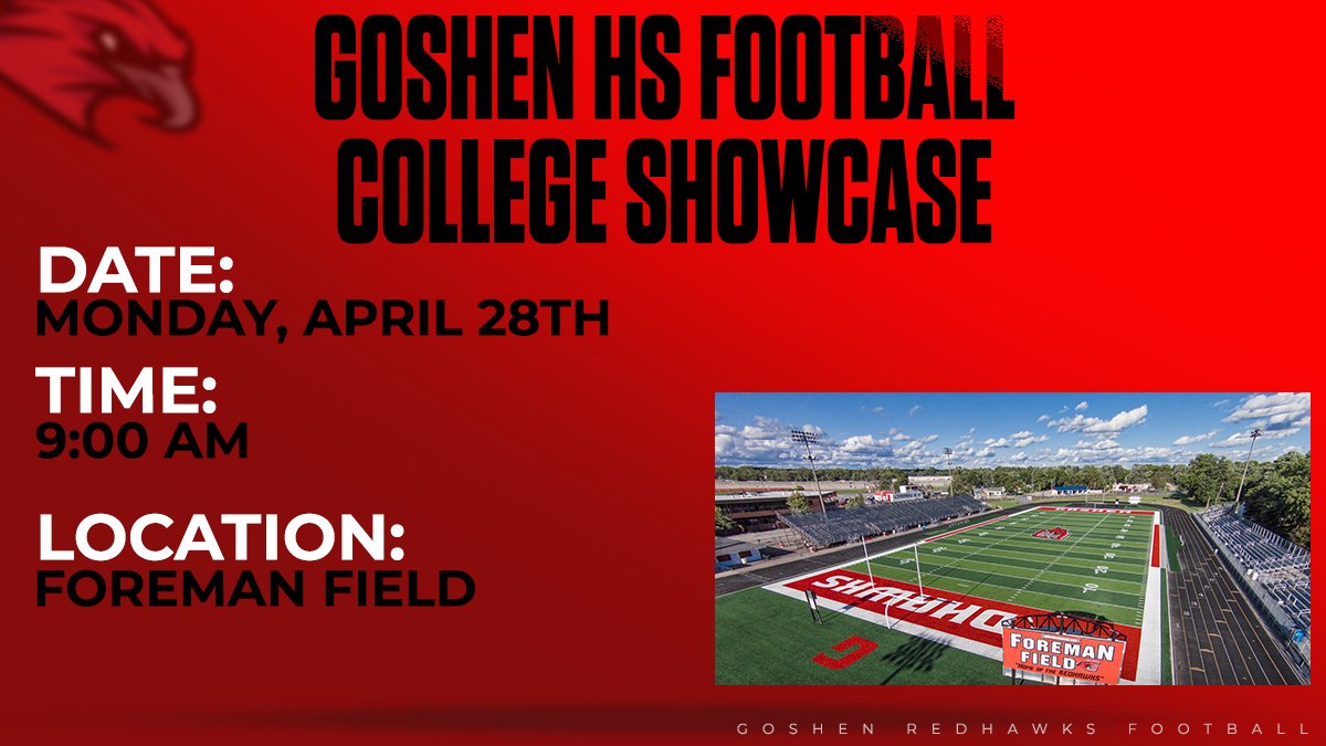 College coaches, we look forward to seeing you again next Monday at Foreman Field for our College Showcase 

📅 April 28th

⌚️9:00 AM

📍Goshen HS - Foreman Field
                401 Lincolnway E
                Goshen, IN 46526

Contact: <a href="/jmhecklinski/">Joseph Hecklinski</a> for any questions