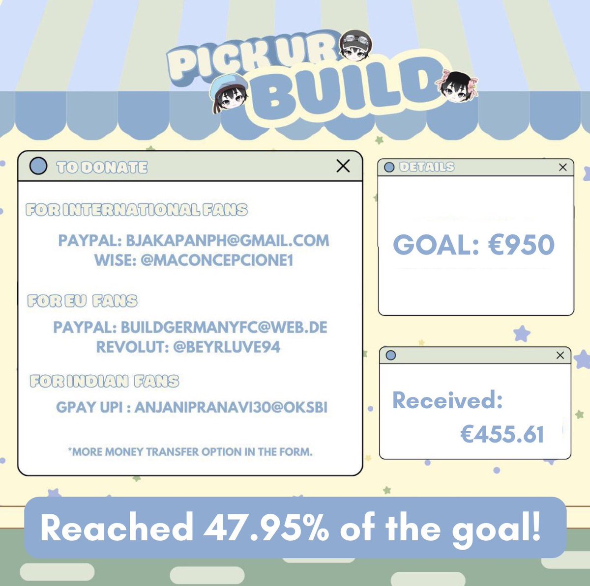 📸 PHOTOBOOTH PROJECT UPDATE 📸

We’ve reached 47.95% of the goal🥳

Target : €950
Amount Received : €455.61

Any amount is greatly appreciated. Thank you💙

🔗 forms.gle/CcudrDCA5NeS5e…

#Builds31stBDayProjects
#BuildJakapan #Beyourluve
<a href="/JakeB4rever/">BIU.</a>