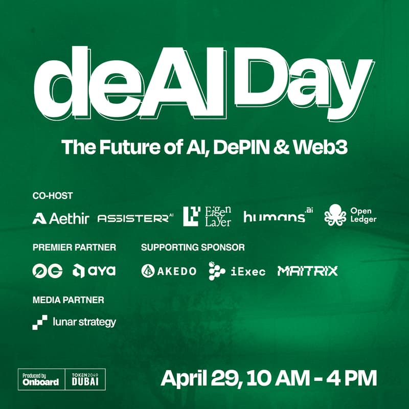 Humans.ai (@humansdotai) on Twitter photo Humans.ai hits <a href="/token2049/">TOKEN2049</a> Dubai!
We’re proud to co-host deAI Day - a TOKEN2049 side event by <a href="/ONBOARDTHEWORLD/">Onboard</a>, alongside <a href="/AethirCloud/">Aethir</a>, <a href="/eigenlayer/">EigenLayer</a>, <a href="/assisterr/">assisterr</a>, <a href="/OpenledgerHQ/">Openledger 🔜 𝗔𝗦𝗜𝗔 𝗧𝗢𝗨𝗥 ✈️</a> and others.
Join us for a day dedicated to AI, DePIN & Web3 innovation.
April 29 | East Humans.ai hits <a href="/token2049/">TOKEN2049</a> Dubai!
We’re proud to co-host deAI Day - a TOKEN2049 side event by <a href="/ONBOARDTHEWORLD/">Onboard</a>, alongside <a href="/AethirCloud/">Aethir</a>, <a href="/eigenlayer/">EigenLayer</a>, <a href="/assisterr/">assisterr</a>, <a href="/OpenledgerHQ/">Openledger 🔜 𝗔𝗦𝗜𝗔 𝗧𝗢𝗨𝗥 ✈️</a> and others.
Join us for a day dedicated to AI, DePIN & Web3 innovation.
April 29 | East
