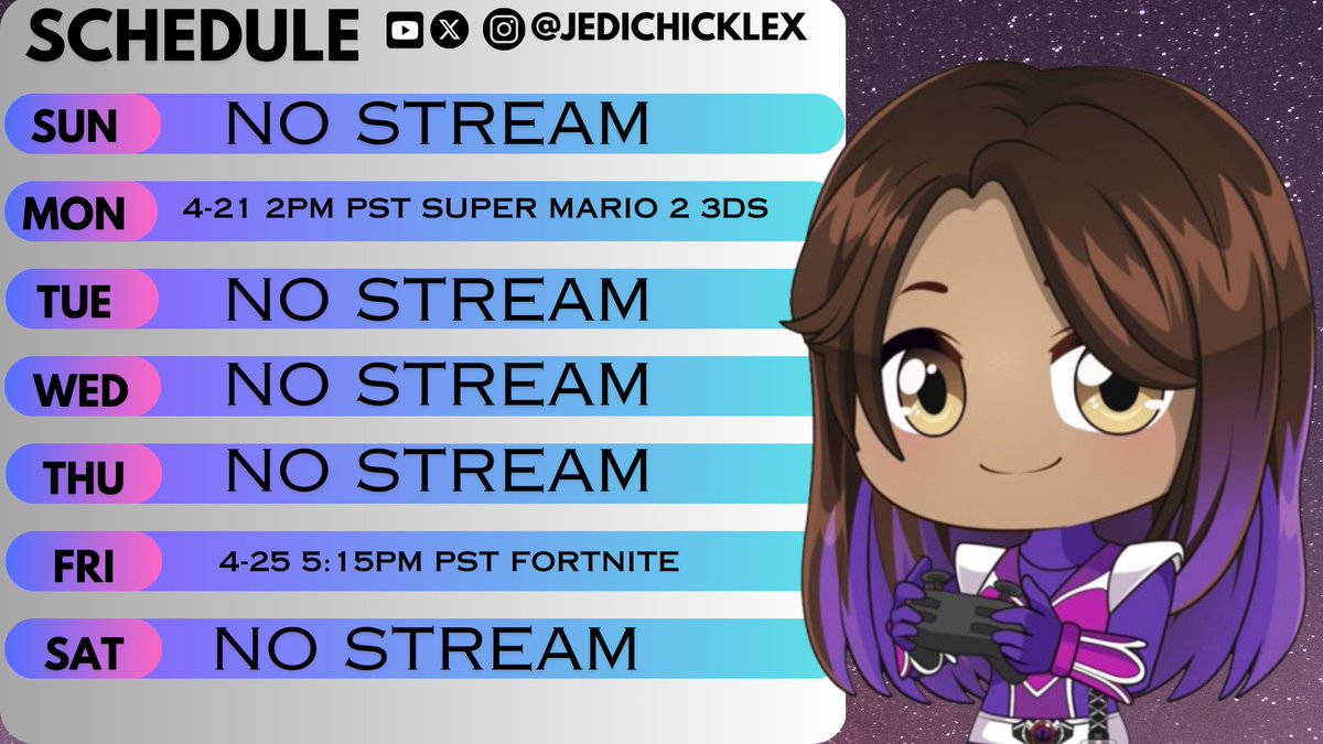 Hey awesome peeps! I'm going to try my best and have a schedule out every week. I know I use to before and I'm sorry I didn't keep up with it. #vtuber #gamergirl #SmallStreamersConnect #twitch #YouTube