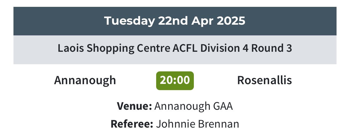Annanough GAA (@annanoughgaa) on Twitter photo Laois ACFL Div 4 Rd.3
<a href="/AnnanoughGAA/">Annanough GAA</a> 🆚 <a href="/RosenallisG/">Rosenallis GAA</a>
📍Annanough GAA
📆 Tuesday 22.04.2025
⏱ 20.00hrs. Please support Laois ACFL Div 4 Rd.3
<a href="/AnnanoughGAA/">Annanough GAA</a> 🆚 <a href="/RosenallisG/">Rosenallis GAA</a>
📍Annanough GAA
📆 Tuesday 22.04.2025
⏱ 20.00hrs. Please support