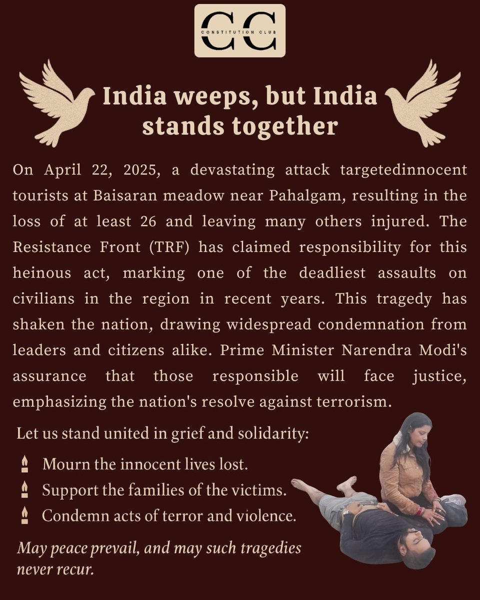 India mourns, but refuses to be broken.
In memory of the innocent lives lost in the Pahalgam attack, we stand united—against terror, in support of victims, and for peace.
Let the world know: We will not forget. We will not forgive.

#PahalgamAttack #IndiaWeeps #StandWithVictims