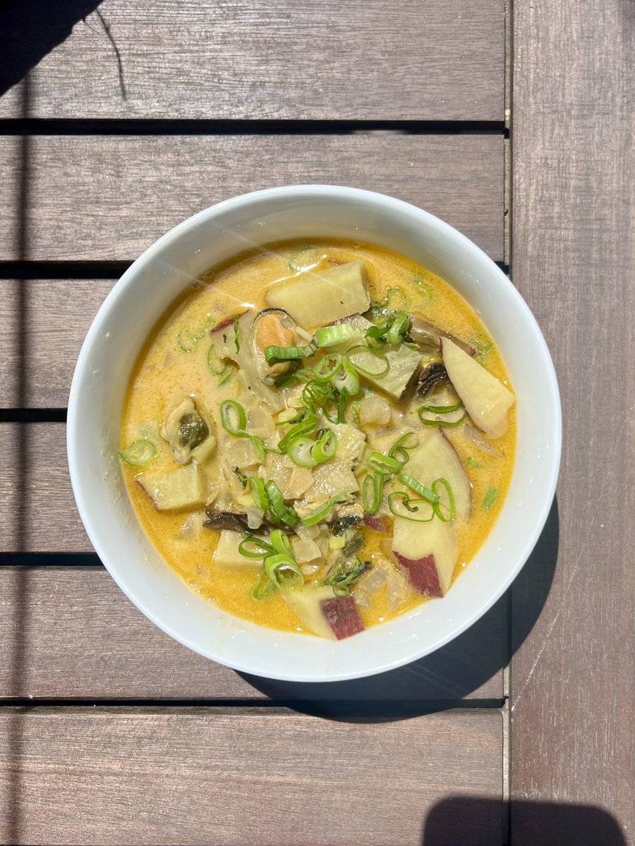 tinndfishmonger's tweet photo. Lunch… miso chowder with tinned mussels and oysters https://t.co/W7UQqHtAEh