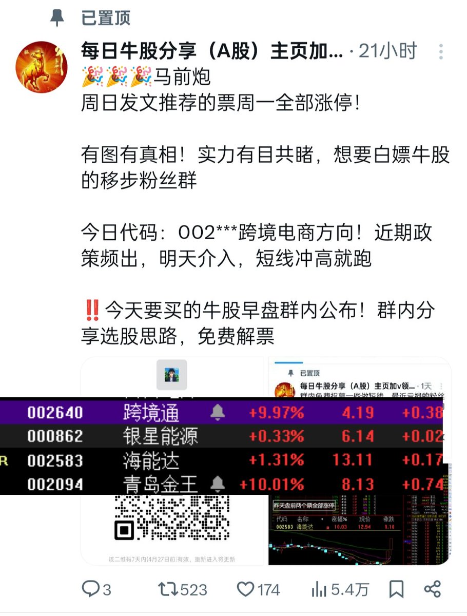 昨天代码002640跨境通涨停

今日代码
***037 年线以下 业绩大增 近期底部放量 可以考虑低吸进场 等待放量拉升机会

群内早盘发布完整代码！最近不知道买什么的，大盘11连阳甚至还在亏损的，看我们收益不错小仓位跟一下！ https://t.co/ofqr3ppWD6