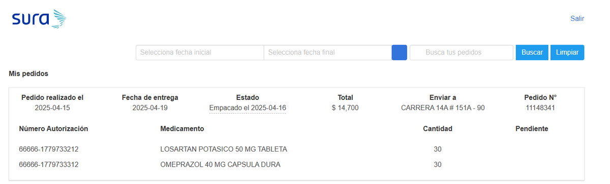 JorgeOrdez6's tweet photo. @Supersalud @epssura @SuraEps

Señores EPS Sura:
estoy esperando la orden de entrega a domicilio numero 11148341, decia que la entregaban el 19 y aun no llega, y fui a la drogueria y no me entregan por haberlos pedido a domicilio, solicito el pronto envio o que me digan que pasa https://t.co/iV3cIU0xbV