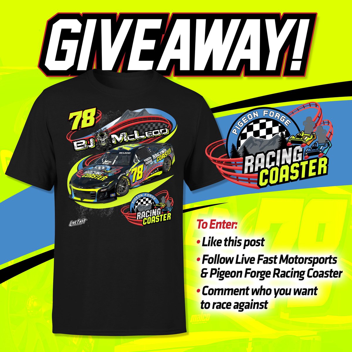 Live Fast Motorsports (@teamlivefast) on Twitter photo 🚨GIVEAWAY ALERT🚨
To get ready for @talladega weekend, we’re giving away <a href="/pfracingcoaster/">Pigeon Forge Racing Coaster</a> t-shirts to 3 lucky fans! To enter:
• Follow <a href="/pfracingcoaster/">Pigeon Forge Racing Coaster</a> and <a href="/teamlivefast/">Live Fast Motorsports</a>
• Like this post
• Comment who you want to race against
Giveaway will close April 27th at 11:59EST 🚨GIVEAWAY ALERT🚨
To get ready for @talladega weekend, we’re giving away <a href="/pfracingcoaster/">Pigeon Forge Racing Coaster</a> t-shirts to 3 lucky fans! To enter:
• Follow <a href="/pfracingcoaster/">Pigeon Forge Racing Coaster</a> and <a href="/teamlivefast/">Live Fast Motorsports</a>
• Like this post
• Comment who you want to race against
Giveaway will close April 27th at 11:59EST