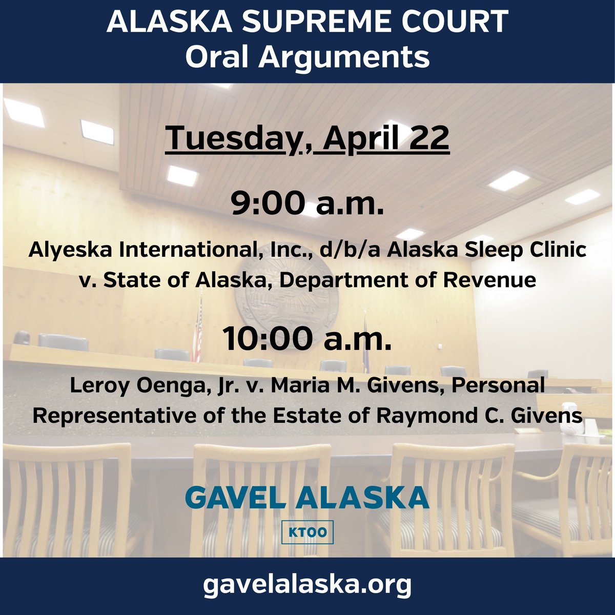 The Alaska Supreme Court is hearing oral arguments in two cases this morning. All Supreme Court cases are streamed live and archived at gavelalaska.org.