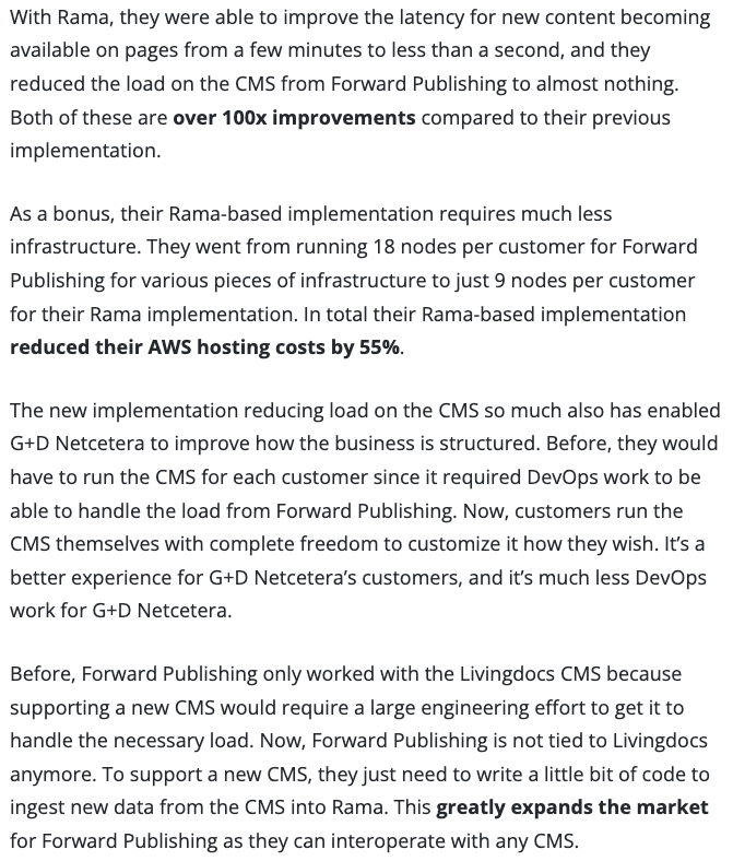 Very excited to publish this case study! What Rama did for this product is incredible: "How G+D Netcetera used Rama to 100x the performance of a product used by millions of people"

Link to the full post in the replies.