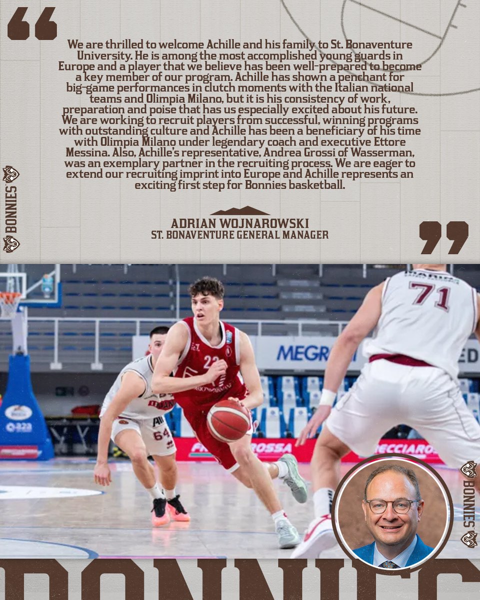Bonnies Men's Basketball (@bonniesmbb) on Twitter photo "Achille has shown a penchant for big-game performances in clutch moments with the Italian national teams and Olimpia Milano, but it is his consistency of work, preparation and poise that has us especially excited about his future."
🏀 Bonnies General Manager <a href="/wojespn/">Adrian Wojnarowski</a> "Achille has shown a penchant for big-game performances in clutch moments with the Italian national teams and Olimpia Milano, but it is his consistency of work, preparation and poise that has us especially excited about his future."
🏀 Bonnies General Manager <a href="/wojespn/">Adrian Wojnarowski</a>