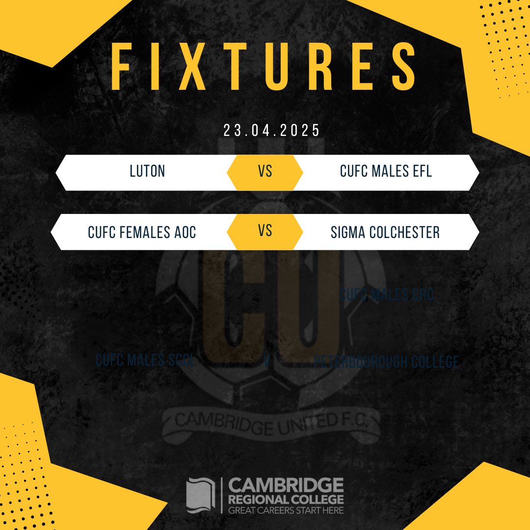 FIXTURES 🟡⚫️

Two fixtures for the scholars tomorrow after a busy Easter period👊

Can the Females side continue the good run of form ⚽️

Can the EFL males side continue the push for the title💪🏻

#CUFC #Elite #Scholarship #Fixtures