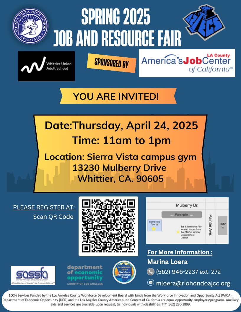 JOB AND RESOURCE FAIR: Come dress for success to the SPRING 2025 JOB AND RESOURCE FAIR This coming Thursday, April 24, 2025 from 11am to 1pm