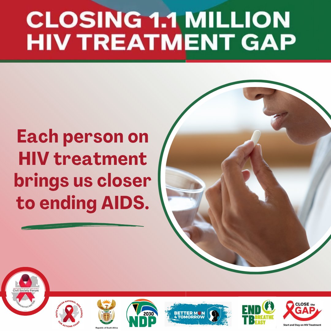 Closing the HIV treatment gap helps save lives, begin and continue your treatment journey without delay! 
 #CloseTheGap #myhivtreatmentworks #BetterMen4Tomorrow #SanacCSF #HIVfreeGeneration #TreatmentAdherence #CommitInvestDeliver #EndTBNow #BreatheEasy