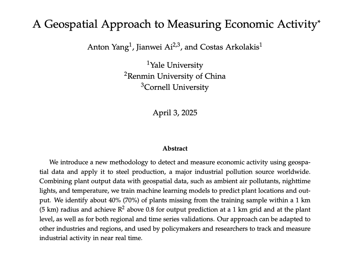 Cowles Foundation (@yalecowles) on Twitter photo "We introduce a new methodology to detect and measure economic activity using geospatial data."
NEW Discussion Paper by Jianwei Ai, Costas Arkolakis, and Anton Yang: cowles.yale.edu/research/cfdp-… "We introduce a new methodology to detect and measure economic activity using geospatial data."
NEW Discussion Paper by Jianwei Ai, Costas Arkolakis, and Anton Yang: cowles.yale.edu/research/cfdp-…