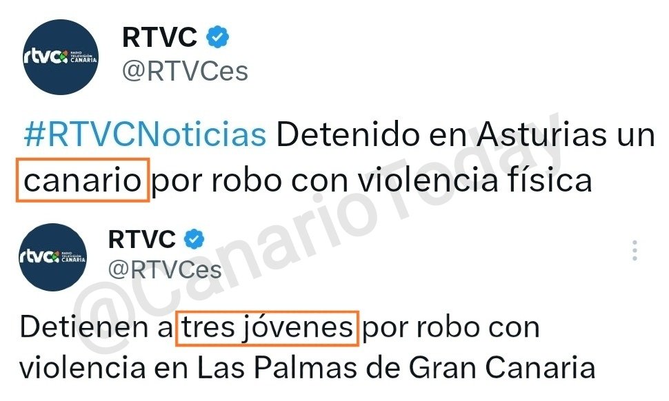La Radio Televisión Canaria informando sobre robos con violencia.

🇮🇨 Si es un canario en ASTURIAS, lo ponen en el titular.

🇲🇦 Si son tres marroquíes en CANARIAS, pasan a ser "jóvenes".