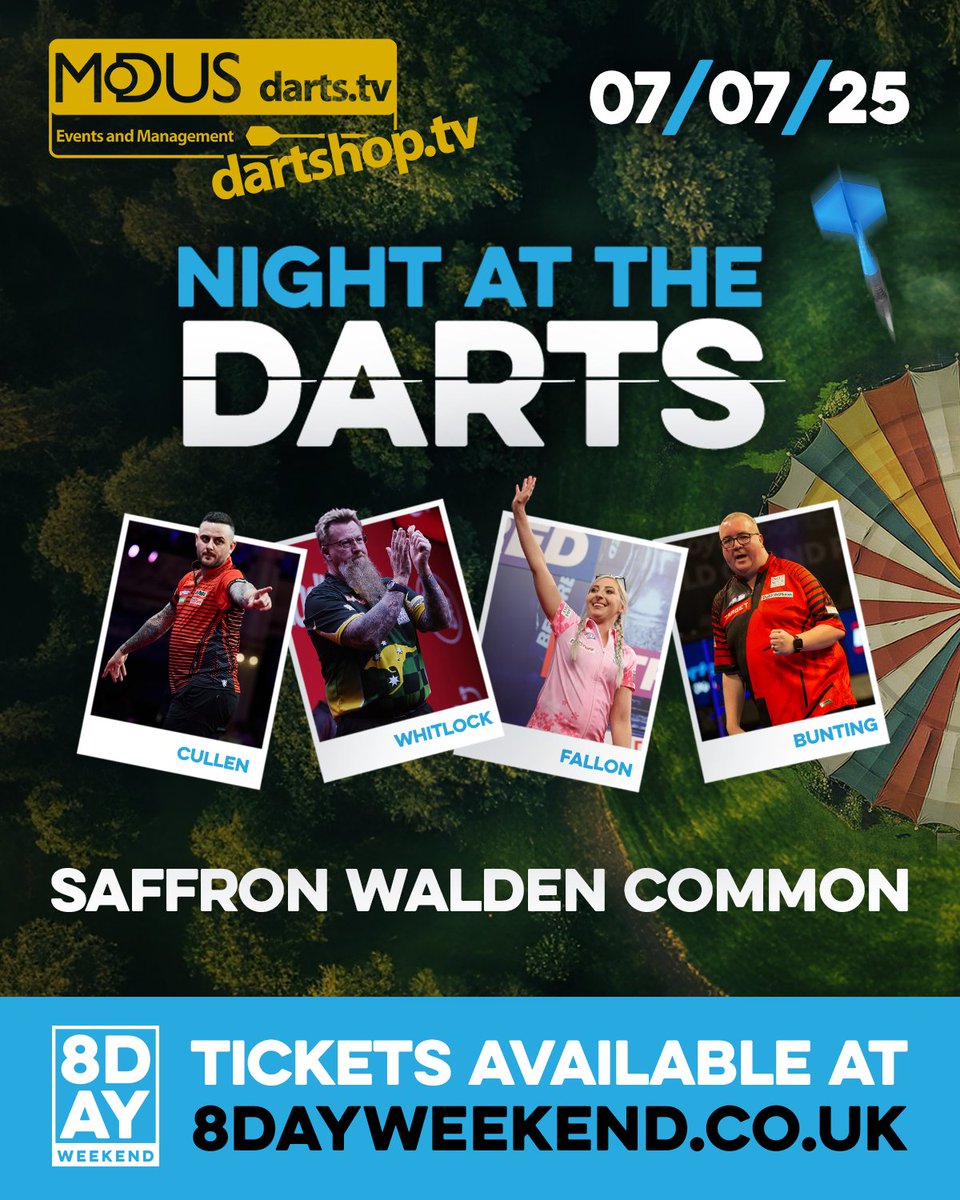 MODUS Sports (@modusdarts180) on Twitter photo 🎯The stars are headed to Saffron Walden in July!
🚅Bunting
🎸Cullen
🧙♂️Whitlock
👑Sherrock
🎟Tickets:
dartshop.tv/products/a-nig…
<a href="/sbunting180/">Stephen Bunting</a>
<a href="/rockstar_13_/">J O E C U L L E N</a>
<a href="/SWhitlock180/">Simon Whitlock</a>
<a href="/Fsherrock/">Fallon Sherrock MBE</a> 🎯The stars are headed to Saffron Walden in July!
🚅Bunting
🎸Cullen
🧙♂️Whitlock
👑Sherrock
🎟Tickets:
dartshop.tv/products/a-nig…
<a href="/sbunting180/">Stephen Bunting</a>
<a href="/rockstar_13_/">J O E C U L L E N</a>
<a href="/SWhitlock180/">Simon Whitlock</a>
<a href="/Fsherrock/">Fallon Sherrock MBE</a>