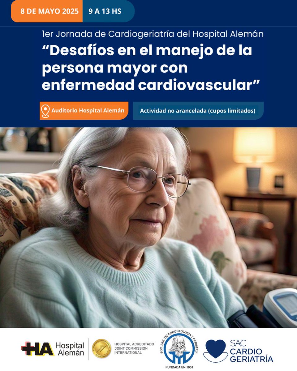 sagg2024's tweet photo. 1er Jornada de Cardiogeriatría del Hospital Alemán
"Desafíos en el manejo de la persona mayor con enfermedad cardiovascular"
🏨Auditorio del Hospital Alemán
🗓️8 de Mayo 
🕘 9 a 13 hs
ACTIVIDAD NO ARANCELADAD (CUPOS LIMITADOS)
Link de inscripción: https://t.co/247c7pZohM https://t.co/9bHDVuMQ0z