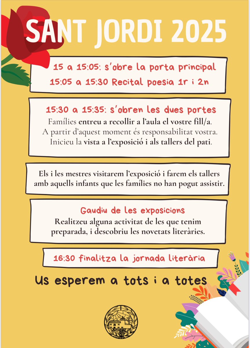 Demà arriba Sant Jordi 🌹📚a la <a href="/CasasEscola/">Escola Casas</a>, famílies! Aquí teniu el programa 👇🏼

#SomCasas #SantJordi2025 #ElClot