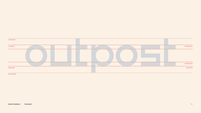The image showcases a typographic design with the word "OUTPOST" prominently displayed in large, bold letters. The design includes red horizontal lines that align with the text, suggesting a focus on typography and layout precision. The background is a soft beige color, providing a neutral backdrop that highlights the text. This image appears to be part of a design project or branding exercise, as indicated by the post text "Outpost". The overall aesthetic is clean and modern, emphasizing clarity and readability.