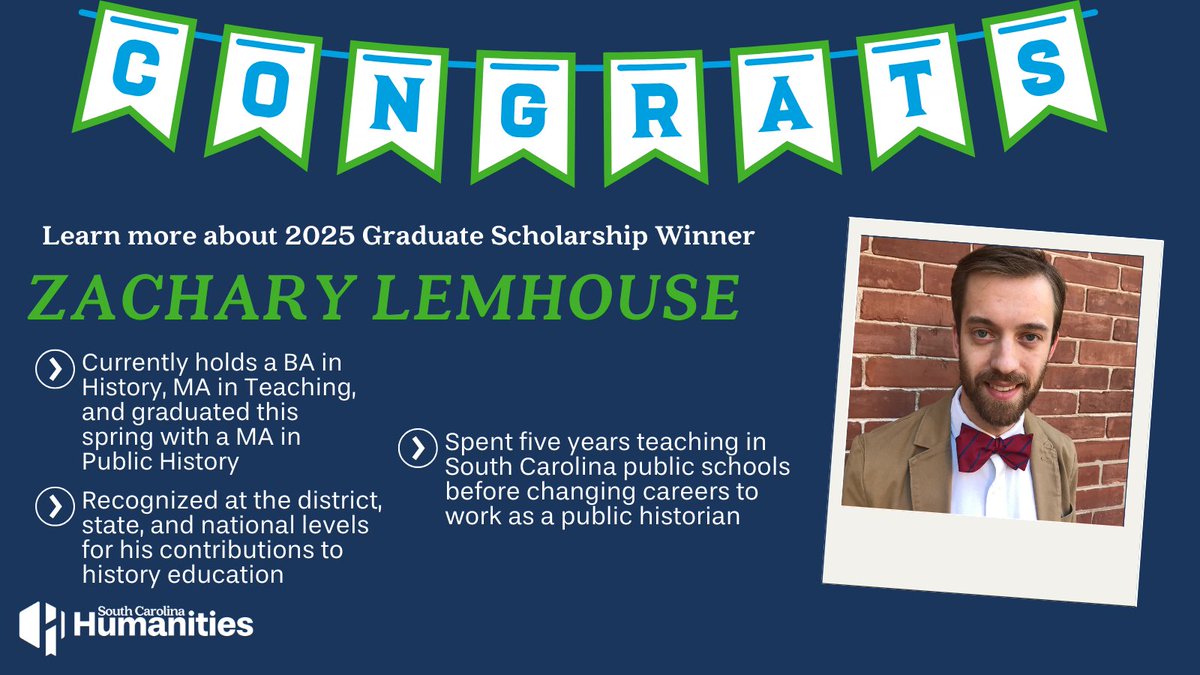South Carolina Humanities (@sc_humanities) on Twitter photo We're pleased to announce our 2025 #SCHumanities Student Scholarship Recipients: Armani Canty from <a href="/LanderUniv/">Lander University</a> & Zachary Lemhouse from <a href="/UofSC/">University of South Carolina</a> . Congratulations to the 2025 Student Scholarship recipients! Learn more about our recipients here: bit.ly/4ikAksZ. We're pleased to announce our 2025 #SCHumanities Student Scholarship Recipients: Armani Canty from <a href="/LanderUniv/">Lander University</a> & Zachary Lemhouse from <a href="/UofSC/">University of South Carolina</a> . Congratulations to the 2025 Student Scholarship recipients! Learn more about our recipients here: bit.ly/4ikAksZ.