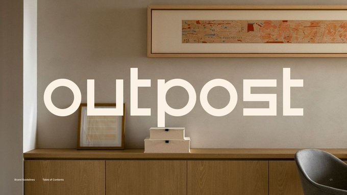 The image showcases a typographic design with the word "OUTPOST" prominently displayed in large, bold letters. The design includes red horizontal lines that align with the text, suggesting a focus on typography and layout precision. The background is a soft beige color, providing a neutral backdrop that highlights the text. This image appears to be part of a design project or branding exercise, as indicated by the post text "Outpost". The overall aesthetic is clean and modern, emphasizing clarity and readability.