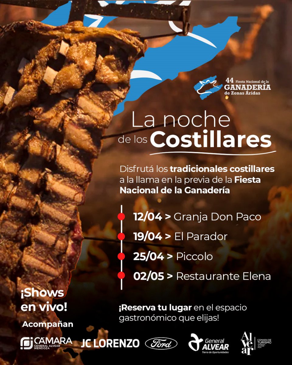 ¿ Sabias que en #Alvear existe #LaNochedelosCostillares ? 
Todos los fin de semana, un restaurante tiene el ritual de hacer costillares a la llama en la previa de La #FiestaNacionaldelaGanaderia . Vení Alvear a disfrutar!
<a href="/AlvearCamara/">Cámara de Comercio de Alvear</a> <a href="/C_JovenAlvear/">Camara Joven</a> <a href="/MuniAlvear/">General Alvear Mza</a> <a href="/TurismoAlvear/">Turismo Alvear</a>