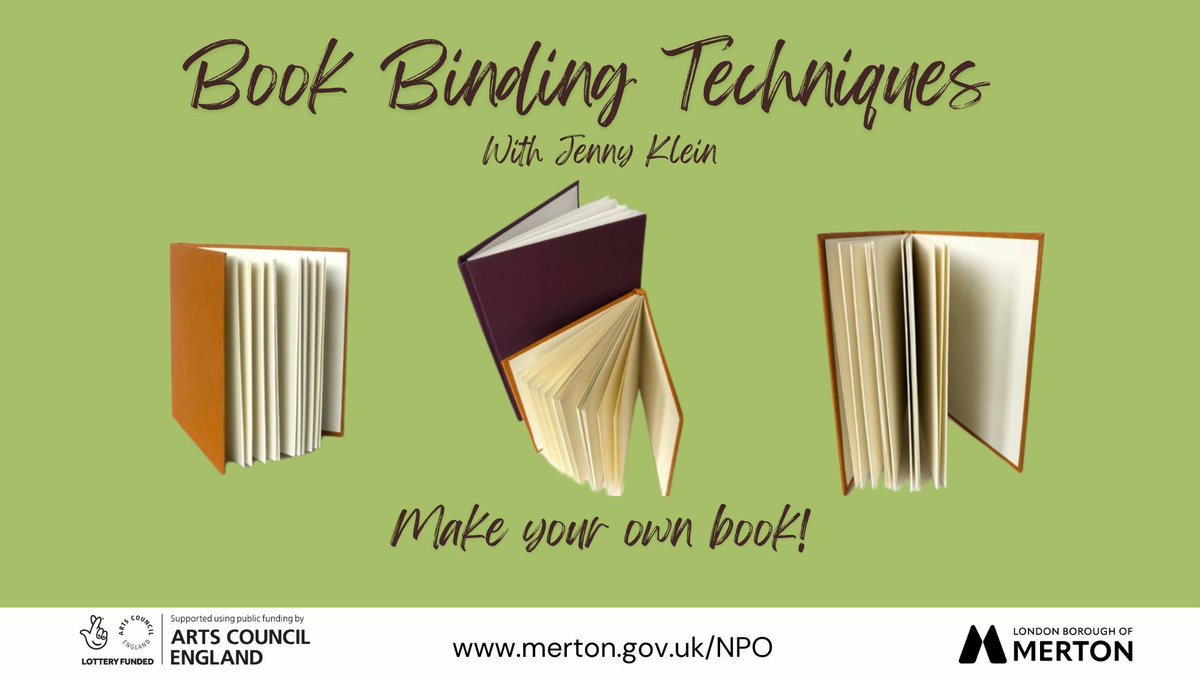 Book Binding Techniques workshops at Colliers Wood Library, Tuesdays 20th May to 17th June 10am to 1pm. Learn various techniques and use sustainable materials to create a personalised book! Book now: buff.ly/pfJCGmi no experience needed, all materials provided.