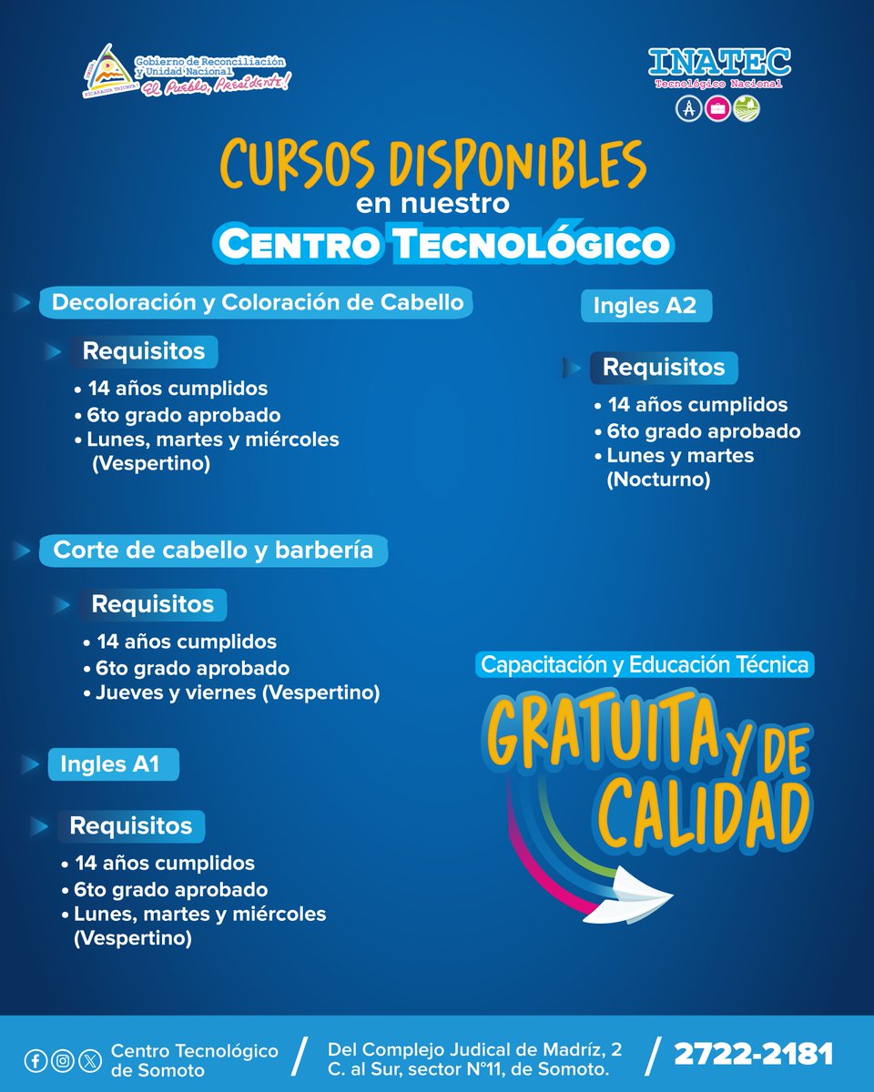 ¡𝗖𝘂𝗿𝘀𝗼𝘀 𝗗𝗶𝘀𝗽𝗼𝗻𝗶𝗯𝗹𝗲𝘀! 📍 Te presentamos los cursos disponibles que brindaremos en nuestro Centro Tecnológico. #SoyTecNicaragua 📖✂️