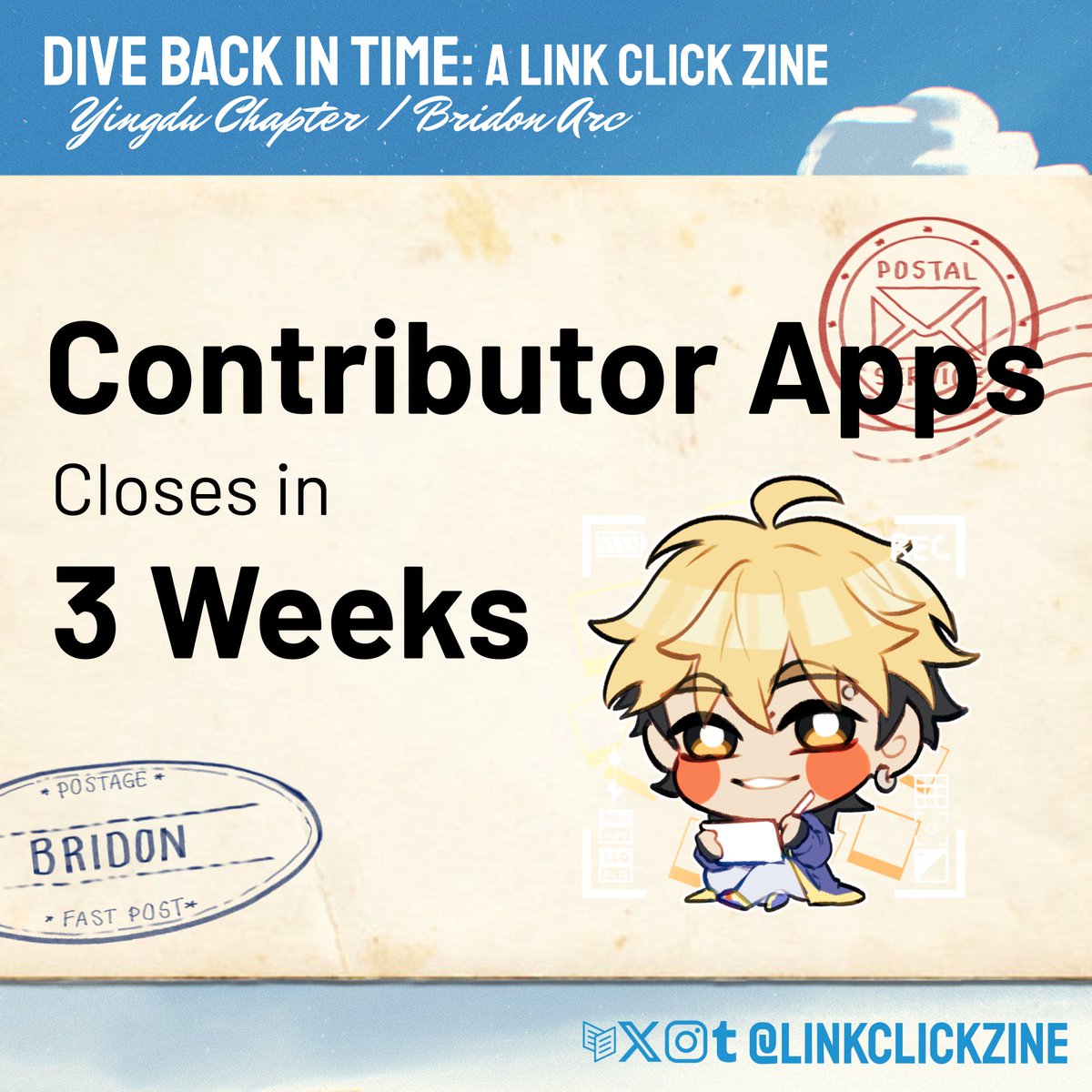 linkclickzine's tweet image. 📝 CONTRIBUTOR APPS: 3 WEEKS LEFT
There are less than 3 weeks left to apply to the Link Click zine. Get your app in before time runs out!
✧ Page Artists: forms.gle/UzKtdQvji1mTEJ…
✧ Merch Artists: forms.gle/cWR9tYS62ufgm9…
✧ Writers: forms.gle/qRYet2nyYcjAR2…