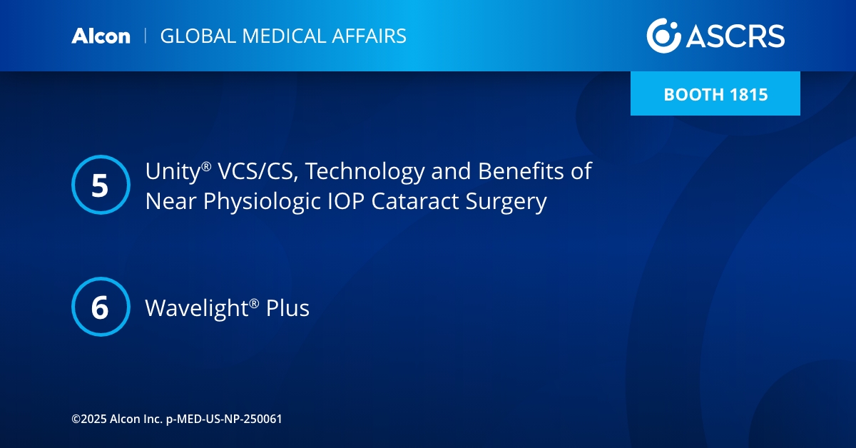 SeeAlconScience's tweet image. Attending #ASCRS2025? There’s still time to register for our Scientific Exchange presentations! Join us as we share clinical insights about the latest innovations in glaucoma treatment, intraocular lenses (IOLs), surgical equipment and more: 
Surgical: spr.ly/60122KWba
Dry…